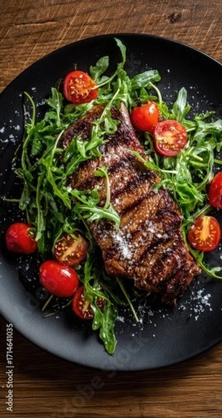 Fototapeta Grilled steak with arugula and cherry tomatoes on a dark plate