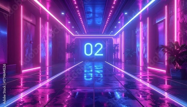 Fototapeta Neon-lit corridor with reflective floor