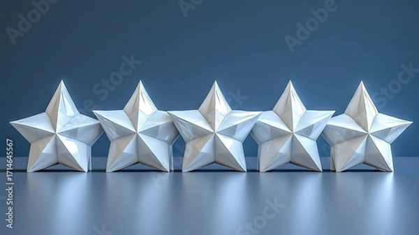 Fototapeta White faceted 3d stars representing five-star rating, clustering against blue background, signaling top-tier performance and customer excellence