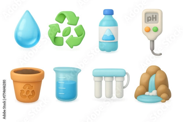 Fototapeta Eco-friendly water and recycling icons: 3d render of sustainable tools and symbols
