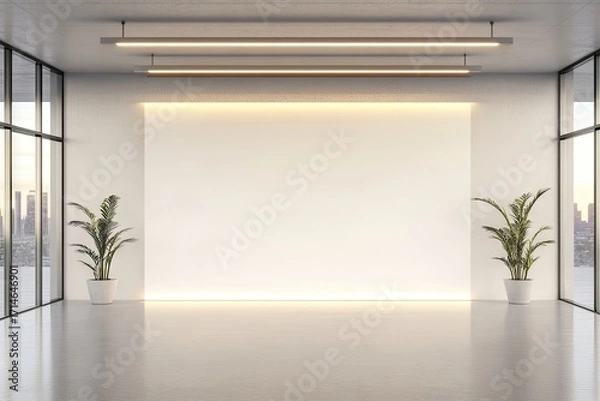 Fototapeta Empty white wall illuminated by led lights in a modern office interior with plants and city view