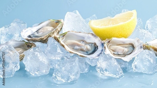 Fototapeta Open oysters on ice with a lemon wedge, ready to be enjoyed