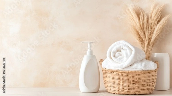 Fototapeta Rolled white towels neatly arranged in wicker basket near bathroom shelf dispenser