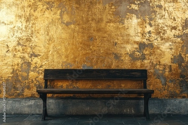 Fototapeta Wooden bench against a gold textured wall, creating a minimalist and contemplative scene