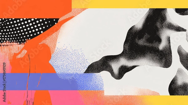 Fototapeta Modern abstract design blending various graphic patterns and vibrant color blocks, creating a striking visual