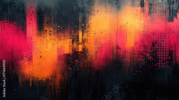 Fototapeta Vivid orange, pink brushstrokes blending with halftone patterns forming grunge-style abstract design on dark textured surface