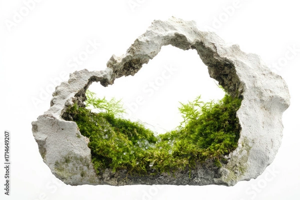 Fototapeta Moss growing inside a rock creating a beautiful natural frame, isolated on white