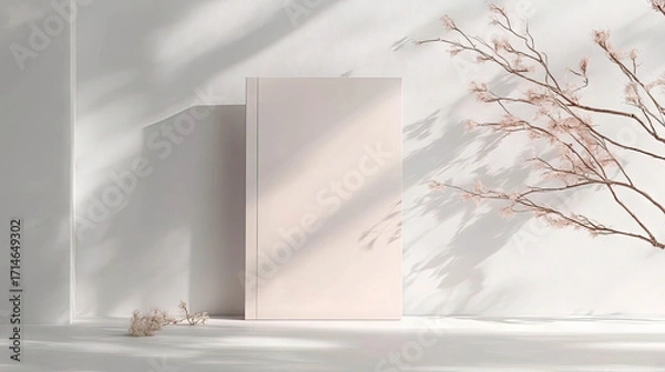 Fototapeta Pink book mockup leaning against white wall, adorned with dried botanical elements, sunlight casting soft shadows, minimalist design aesthetic