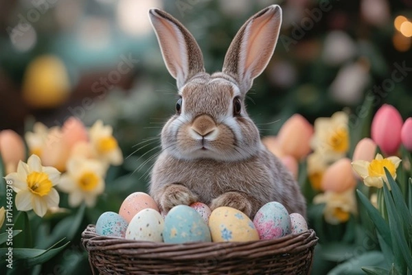 Fototapeta Plush easter bunny nestled inside woven basket, surrounded by vibrant tulips and daffodils blooming in springtime garden setting