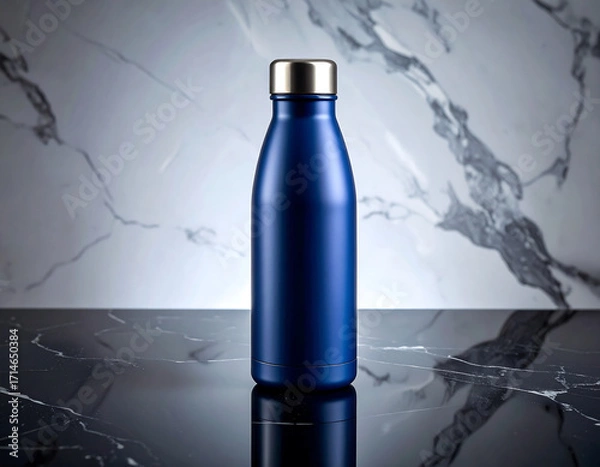 Obraz Close-Up of a Stylish Blue Water Bottle on Marble Surface