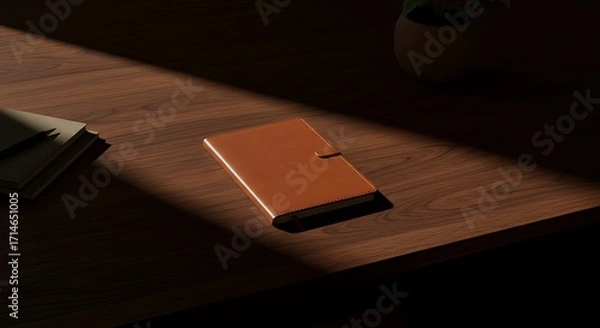 Fototapeta A brown leather notebook sits on a dark wooden desk, illuminated by a dramatic diagonal shaft of light.
