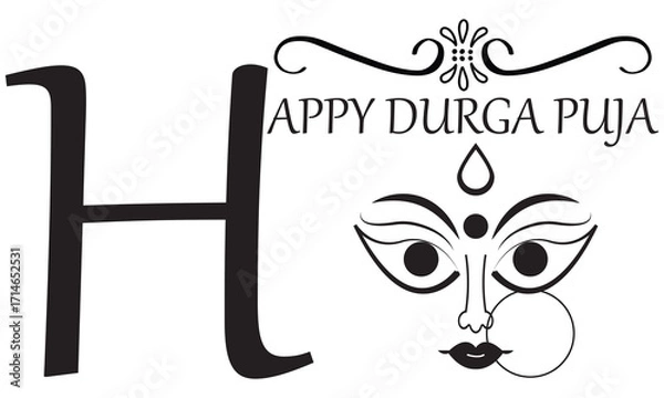 Fototapeta Happy Durga Puja festival greeting card design .  Durga Puja greeting card design featuring goddess face illustration, festive hanging ornaments, and decorative typography for celebration. EPS 10/ AI.