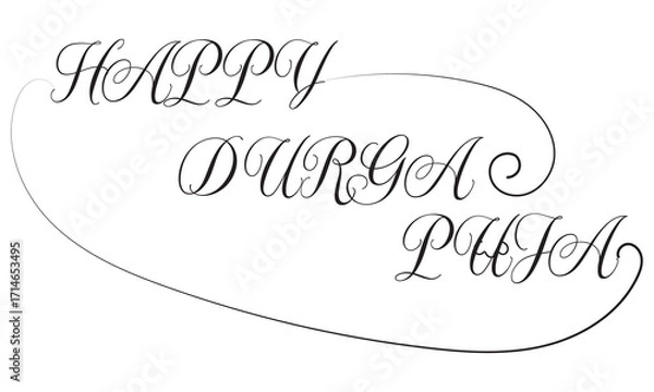 Fototapeta Happy Durga Puja festival greeting card design .  Durga Puja greeting card design featuring goddess face illustration, festive hanging ornaments, and decorative typography for celebration. EPS 10/ AI.
