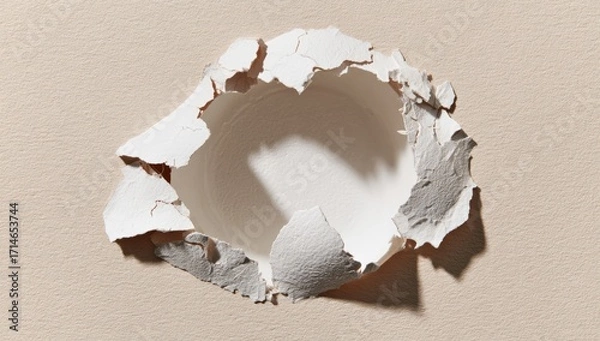 Fototapeta A hole punched through a light beige surface, revealing a white interior, with ragged edges