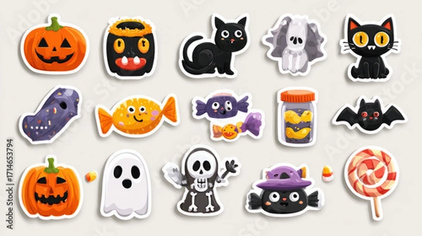 Fototapeta An extensive collection of Happy Halloween stickers. Pumpkin head, black cat, skeleton, ghost, eyeballs, bat, Halloween candy, and a set of mascots. Trick or treat on Halloween. Flat-style vector illu