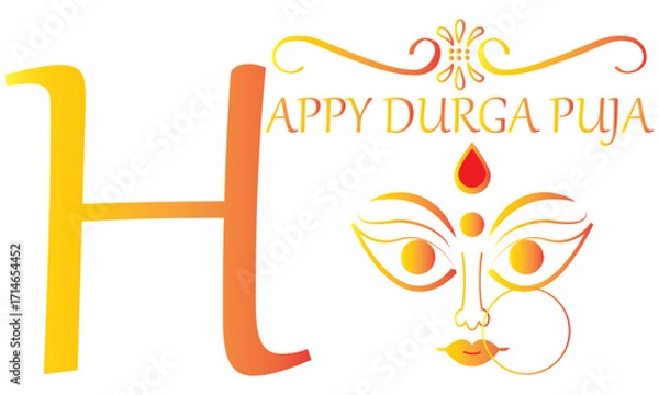 Fototapeta Happy Durga Puja festival greeting card design .  Durga Puja greeting card design featuring goddess face illustration, festive hanging ornaments, and decorative typography for celebration. EPS 10/ AI.