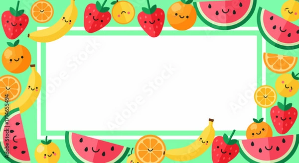 Fototapeta Cute kawaii fruit frame with happy smiling watermelon, strawberry, banana, and orange characters. Playful summer border for kids on a green background with copy space.