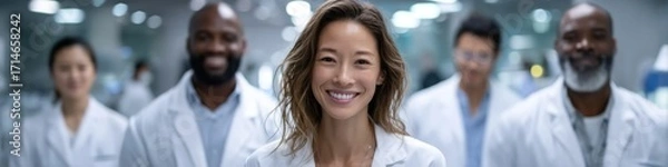 Fototapeta Collaboration among diverse genetic engineering team members in laboratory setting