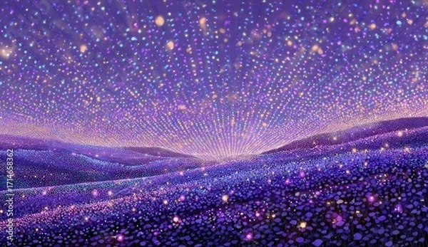 Fototapeta Vibrant, glowing field at dawn, dotted with light specks