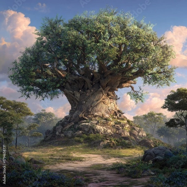 Fototapeta Lush, ancient tree atop rocky hill, serene landscape