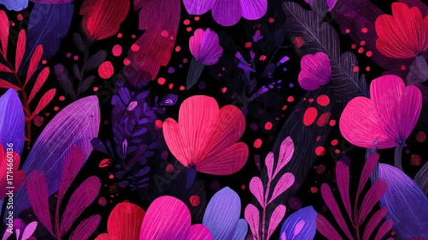 Fototapeta Pink, crimson, and purple doodles on a dark background make up this smooth looping cartoon flower animated wallpaper. bright, colorful, and playful abstract design. Motion of spin