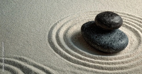 Fototapeta Two dark stones atop a sand zen garden