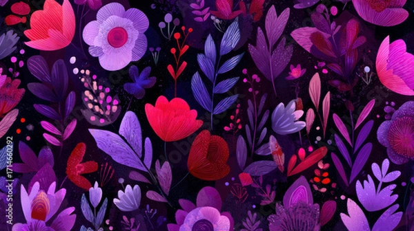 Fototapeta Pink, crimson, and purple doodles on a dark background make up this smooth looping cartoon flower animated wallpaper. bright, colorful, and playful abstract design. Motion of spin