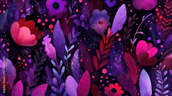 Fototapeta Pink, crimson, and purple doodles on a dark background make up this smooth looping cartoon flower animated wallpaper. bright, colorful, and playful abstract design. Motion of spin