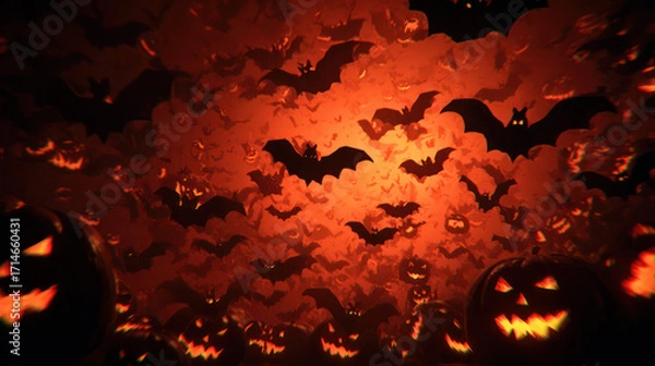 Fototapeta Stop-motion animation, Halloween abstract terrifying horror background featuring various-sized pumpkins and bats