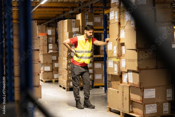 Obraz A focused warehouse worker checks inventory while surrounded by stacks of cardboard boxes in a well-organized storage area.