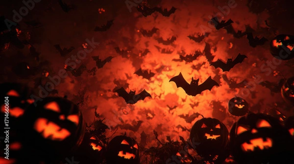Fototapeta Stop-motion animation, Halloween abstract terrifying horror background featuring various-sized pumpkins and bats