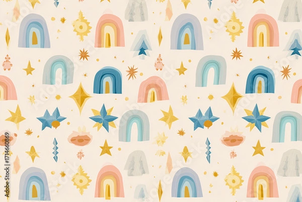 Fototapeta retro holiday christmas pattern with geometric stars bells and arches in powder blue buttercream yellow and pastel peach tones minimal airy design on pale background