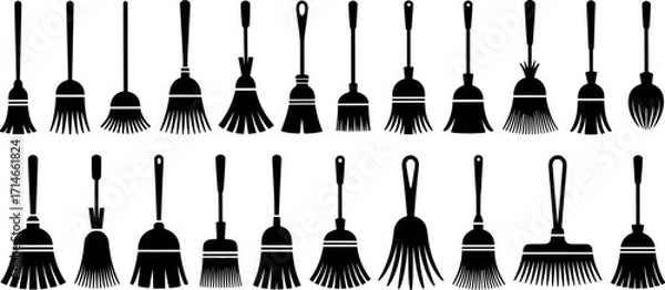 Fototapeta Broom Silhouettes: An array of unique broom silhouettes showcases a variety of styles and shapes, suitable for cleaning.