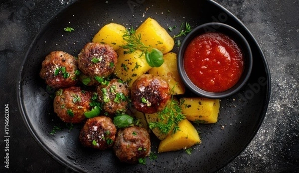 Fototapeta Roasted meatballs and potatoes with tomato sauce on a dark plate