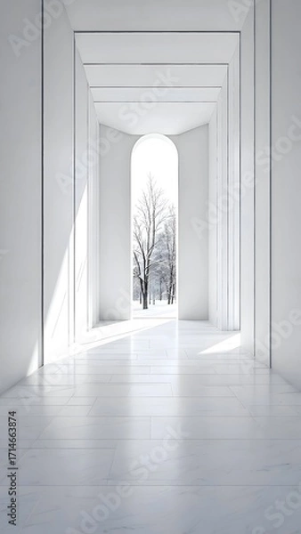 Obraz A clean, bright white corridor or archway leading into a minimalist snowy outdoor landscape with a bare tree. Elegant and contemporary winter background