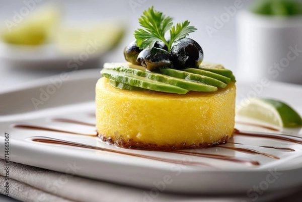 Obraz Vibrant causa rellena topped with avocado and olives on a serving plate full of flavors