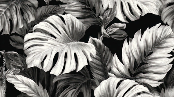 Fototapeta Elegant, seamless, monochromatic palm leaf pattern with bohemian abstract art. Perfect for beach décor, tropical textiles, wallpaper, or fashion backdrops. elegance of black and white plants.