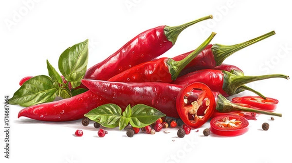 Fototapeta Slices of chili and red spicy chili peppers are isolated on a white backdrop. Clipping paths are included in the file.