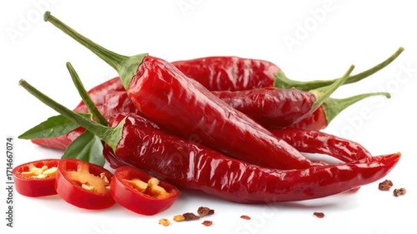 Fototapeta Slices of chili and red spicy chili peppers are isolated on a white backdrop. Clipping paths are included in the file.