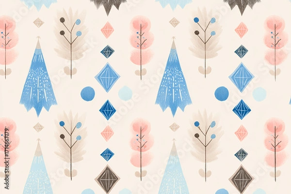 Fototapeta pastel mid century modern christmas pattern with repeating trees ornaments and diamonds in peach buttercream and powder blue tones retro holiday design on ivory background