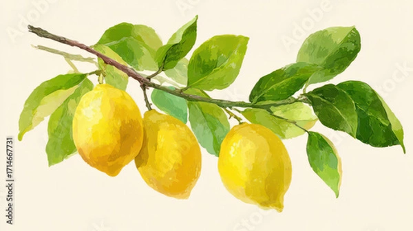 Fototapeta Three yellow lemons hanging from a branch with fresh green leaves vector illustration. Vibrant colors and natural textures bright lemons on the tree branch.Natural textures and vibrant colours
