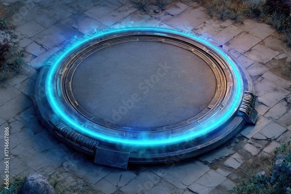 Fototapeta Circular, metallic platform with a glowing blue ring