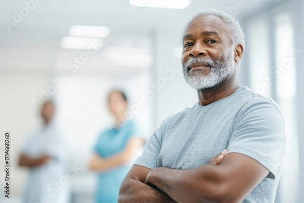 Fototapeta Senior Black man participates in pulmonary rehab class for bronchitis management in community center