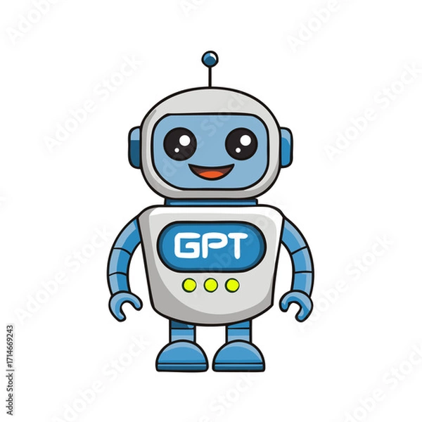 Fototapeta A blue and white robot assistant that embodies modern advances in artificial intelligence and machine learning. Perfect for websites, apps, or educational materials