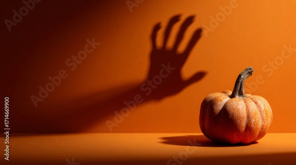 Fototapeta A minimalist Halloween concept featuring a pumpkin and the hand shadow of a witch or zombie. An imaginative, eerie, and enjoyable holiday backdrop 