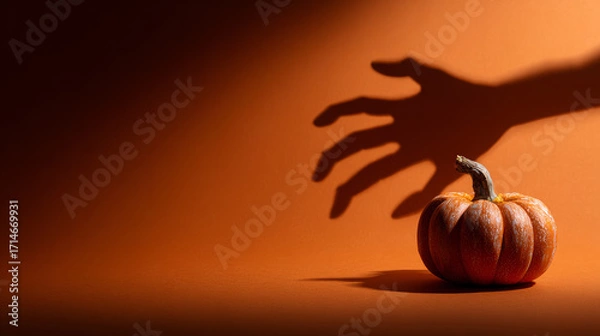 Fototapeta A minimalist Halloween concept featuring a pumpkin and the hand shadow of a witch or zombie. An imaginative, eerie, and enjoyable holiday backdrop 
