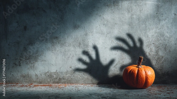 Fototapeta A minimalist Halloween concept featuring a pumpkin and the hand shadow of a witch or zombie. An imaginative, eerie, and enjoyable holiday backdrop 