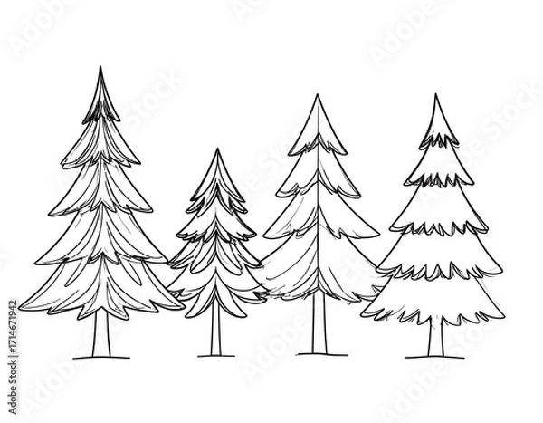 Fototapeta Four simple sketch trees in black ink