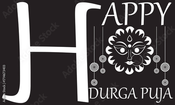 Fototapeta Happy Durga Puja festival greeting card design .  Durga Puja greeting card design featuring goddess face illustration, festive hanging ornaments, and decorative typography for celebration. EPS 10/ AI.