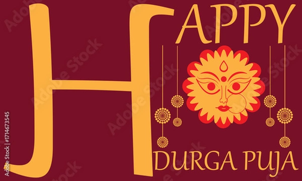 Fototapeta Happy Durga Puja festival greeting card design .  Durga Puja greeting card design featuring goddess face illustration, festive hanging ornaments, and decorative typography for celebration. EPS 10/ AI.